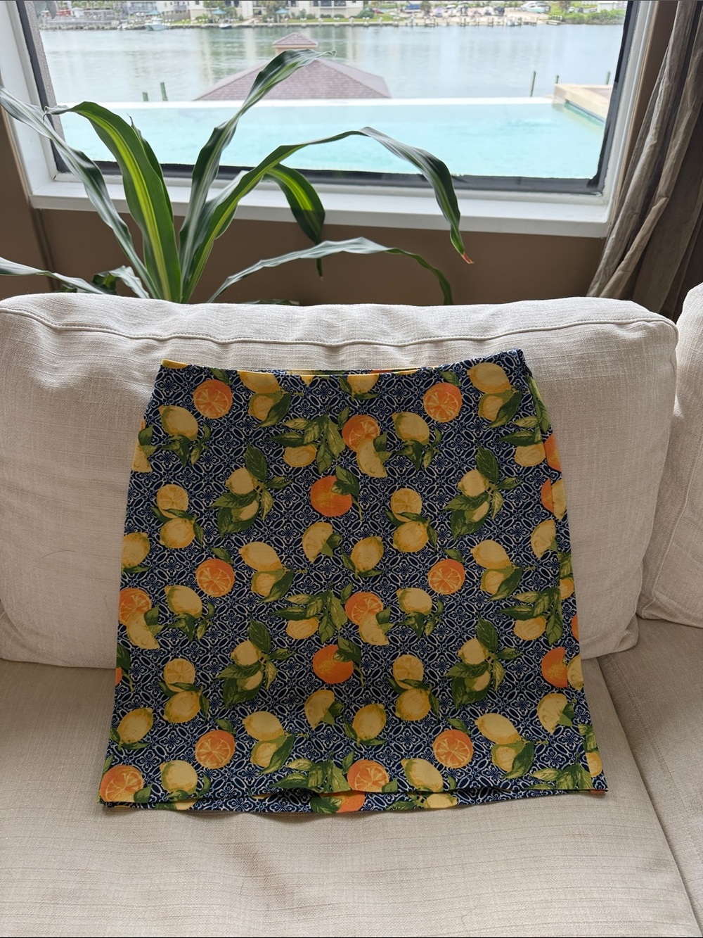 Talbots Navy Mini Skirt with Yellow & Green Citrus Print